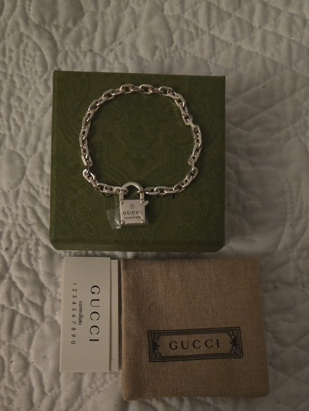 Authentic Gucci Silver Padlock Chain Bracelet with Charm
